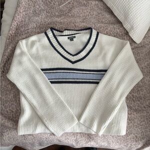 wild fable White V-Neck Sweater with Navy and Light Blue Stripes